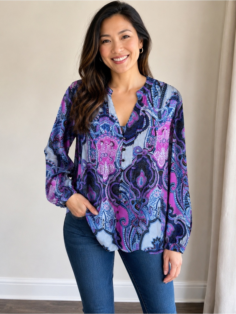 Jones New York Purple & Blue Paisley V-Neck Blouse Size L Sheer Boho Office